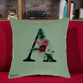 Cadou Personalizat - Perna Personalizata Monograma Florala Litera A, 40x40 cm, Verde, Husa Detasabila, Perna Inclusa, BEKZ®