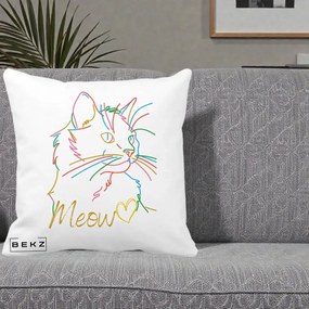 Perna Personalizata Pisica Meow Arta Linie Colorata, 40x40 cm, Alba Mata, Husa Detasabila, Perna Inclusa, BEKZ®
