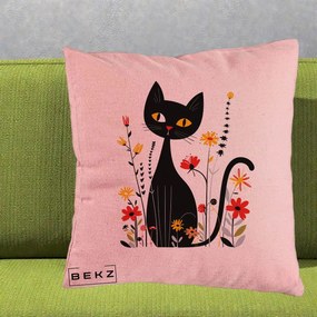 Perna Decorativa Pisica Neagra Ochi Galbeni Flori, 40x40 cm, Roz, Husa Detasabila, Perna Inclusa, BEKZ®