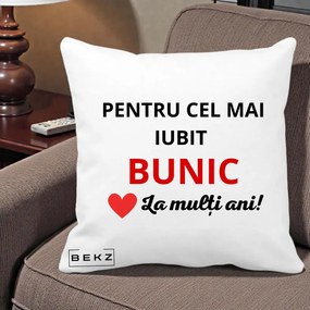 Cadou pentru Bunic - Perna Personalizata Pentru Cel Mai Iubit Bunic La Multi Ani Rosu, 40x40 cm, Alba Mata, Husa Detasabila, Perna Inclusa, BEKZ®