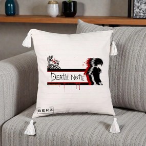 Perna Personalizata Death Note L Lawliet Rosu-Negru, 40x40 cm, Bej cu Franjuri, Husa Detasabila, Perna Inclusa, BEKZ®