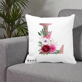 Cadou Personalizat - Perna Personalizata Monograma Rose Gold Litera L, 40x40 cm, Alba Mata, Husa Detasabila, Perna Inclusa, BEKZ®