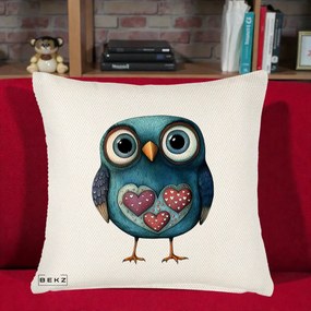 Perna Decorativa Bufnita Teal cu Doua Inimi, 40x40 cm, Crem Reliefat, Husa Detasabila, Perna Inclusa, BEKZ®
