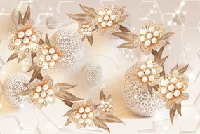 Tapet Premium Canvas - Flori aurii si perle albe