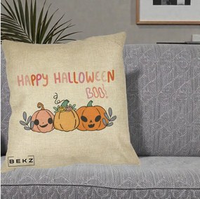 Perna Decorativa Happy Halloween Boo Trei Dovlecei Kawaii, 40x40 cm, Crem, Husa Detasabila, Perna Inclusa, BEKZ®