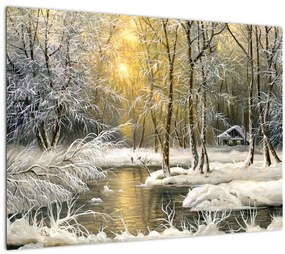 Tablou pe sticlă - Cabană în pădure, pictură în uei (70x50 cm)