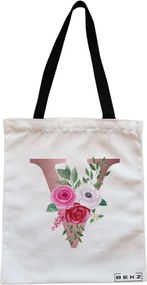 Sacosa de Panza pentru Cumparaturi, Geanta Tote, Cu litera V Rose Gold si Trandafiri, Cu fermoar, 38x34.5 cm, Alba, BEKZ®
