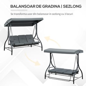Outsunny Balansoar de Gradina 3 Locuri Convertibil in Pat cu Copertina Reglabila, Balansoar de Terasa din Metal si Tesut, Gri Inchis | Aosom Romania
