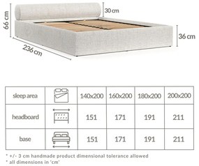 Pat matrimonial crem tapițat cu spațiu de depozitare cu somieră 180x200 cm Solvo – Maison de Rêve