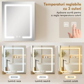 HOMCOM Dulap Baie cu Oglindă și LED, 50x15x60 cm, Anti-Aburire, Rafturi Reglabile, 3 Temperatură de Lumină, Dulap Suspendat din MDF, Alb | Aosom Romania