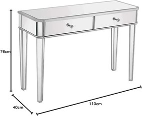 Masă de toaletă din sticlă tip oglindă, 2 sertare, 110x40x76 cm, Argintiu