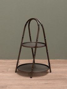Măsuță laterală din metal, maro, cu 2 rafturi rotunde perforate și cadru arcuit cu inele în aspect de bambus, „Forge”