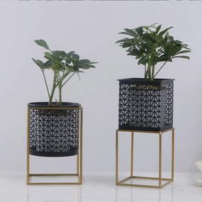 Set 2 suporturi pentru ghivece, pătrat/rotund, negru/auriu, ESME SET