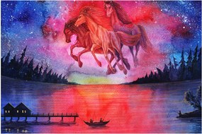 Tablou - Apariția cailor spațiali peste lac, acuarelă (90x60 cm)