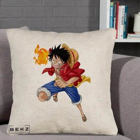 Perna Personalizata One Piece Luffy Gear Second Foc, 40x40 cm, Bej Canapea, Husa Detasabila, Perna Inclusa, BEKZ®