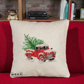 Perna Decorativa Camioneta Rosie Brad de Craciun, 40x40 cm, Bej Canapea, Husa Detasabila, Perna Inclusa, BEKZ®