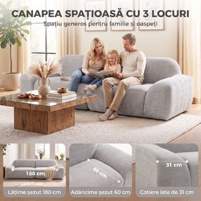 HOMCOM Canapea 3 Locuri cu Șezut Larg și Tapițerie Chenille, Spumă, 244x95x70 cm, Gri Deschis | Aosom Romania