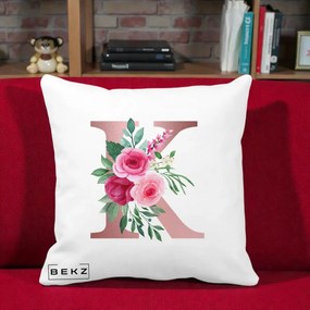Cadou Personalizat - Perna Personalizata Monograma Rose Gold Litera K, 40x40 cm, Alba Mata, Husa Detasabila, Perna Inclusa, BEKZ®