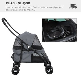 PawHut Cărucior Pliabil pentru Câini cu Acoperiș Reglabil, Geantă și 2 Lese, 82x47x97 cm, Gri | Aosom Romania