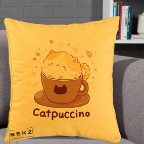 Perna Decorativa Catpuccino Pisica Cappuccino, 40x40 cm, Galben, Husa Detasabila, Perna Inclusa, BEKZ®