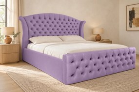 Pat tapițat Chesterfield din catifea Sorella Simple 140×200 cm, lila, cu ladă de depozitare