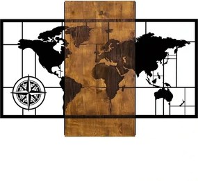 Decoratiune perete WORLD MAP WITH COMPASS, negru/nuc, lemn/metal, 85x5