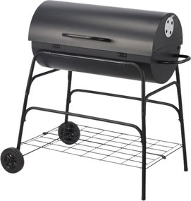 Grătar cilindric BBQ pe cărbuni, metalic, pentru grădină, 97 cm, cu roți și cu capac