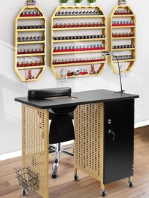 MANIA1 - Masuta manichiura, 90 cm, cu aspirator incorporat, perna maini si lampa LED, masa cosmetica - Alb/ Negru / Negru-Auriu