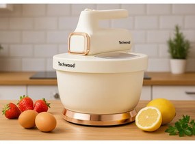 Mixer cu bol Techwood TMB-340, 500W, 6 viteze, 2x 3.5 l, Capac anti-stropire, Alb sampanie