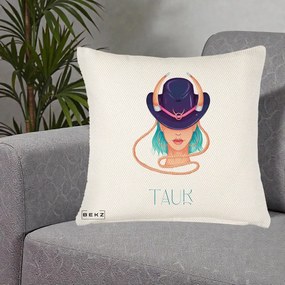 Perna Personalizata Zodie Taur, 40x40 cm, Crem Reliefat, Husa Detasabila, Perna Inclusa, BEKZ®