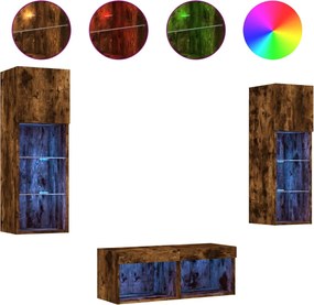 vidaXL Comode TV de perete cu lumini LED, 4 piese, stejar fumuriu