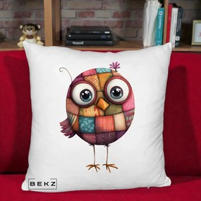 Perna Decorativa Pasare Patchwork Roz cu Floare, 40x40 cm, Alb Pufos, Husa Detasabila, Perna Inclusa, BEKZ®