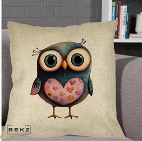 Perna Decorativa Bufnita cu Inimioare Roz, 40x40 cm, Crem, Husa Detasabila, Perna Inclusa, BEKZ®