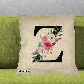 Cadou Personalizat - Perna Personalizata Monograma Florala Litera Z cu Buchet, 40x40 cm, Crem, Husa Detasabila, Perna Inclusa, BEKZ®