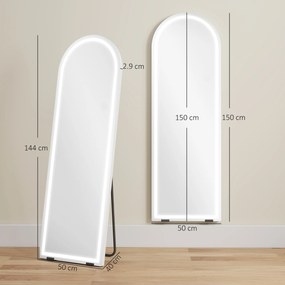 HOMCOM Oglindă de podea arcuită cu lumini, 150x50 cm, de perete și autoportantă, reglabilă, cu funcție de memorie, transparentă | Aosom Romania