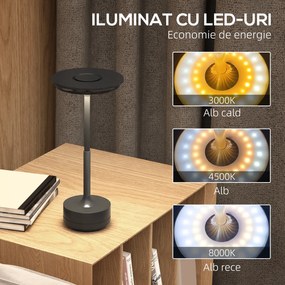 HOMCOM Lampa de Masa fara Cablucu Baterie Reincarcabila de 4000mAh, 3 Culori, Lampa Tactila LED pentru Dormitor, Camera de Zi, Negru | Aosom Romania