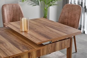 Set masa extensibila din MDF HouseXL® Wooden Luxury cu 6 scaune moi captusite , 80X130 pliata, 80X170 extinsa, pentru living si bucatarie, Nuc Natur