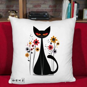 Perna Decorativa Pisica Neagra Ochi Rosii Flori, 40x40 cm, Alb Pufos, Husa Detasabila, Perna Inclusa, BEKZ®