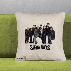 Perna Personalizata K-pop Stray Kids Outfit Negru, 40x40 cm, Bej Canapea, Husa Detasabila, Perna Inclusa, BEKZ®