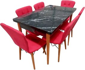 Set masa extensibila cu 6 scaune tapitate Homs cristal negru-rosu170 x 80 cm