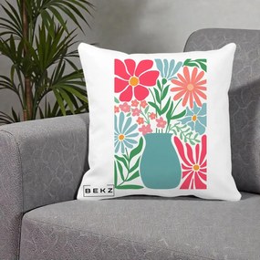 Perna Decorativa Flori in Vaza Turcoaz, 40x40 cm, Alba Mata, Husa Detasabila, Perna Inclusa, BEKZ®