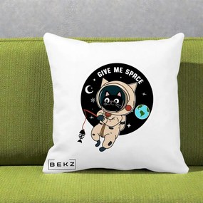 Perna Decorativa Give Me Space Pisica Astronaut, 40x40 cm, Alba Mata, Husa Detasabila, Perna Inclusa, BEKZ®