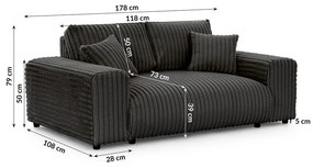 Canapea gri închis cu tapițerie din catifea reiată 178 cm Justin – Ropez