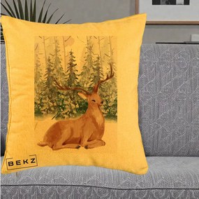 Perna Decorativa Ren in Padure Roz Moale, 40x40 cm, Galben, Husa Detasabila, Perna Inclusa, BEKZ®