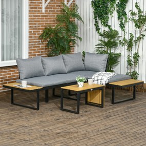 Outsunny Set de Mobilier de Grădină pentru 3 Persoane cu Perne de Ședere, Cadru din Aluminiu, Aspect de Lemn, Gri închis+Natur | Aosom Romania