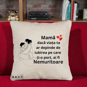 Cadou pentru Mama - Perna Personalizata Mama Nemuritoare Kawaii, 40x40 cm, Bej Canapea, Husa Detasabila, Perna Inclusa, BEKZ®