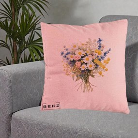Perna Decorativa Buchet Camp Acuarela Margarete-Lavanda, 40x40 cm, Roz, Husa Detasabila, Perna Inclusa, BEKZ®