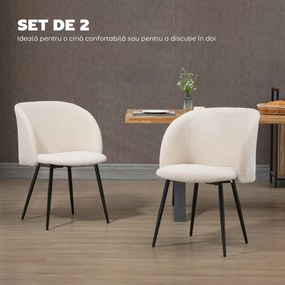 HOMCOM Lot de 2 scaune de sală de mese cu spătar din material textil efect lână buclată și picioare din oțel 55 x 62 x 80 cm bej negru | Aosom Romania