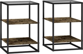 HOMCOM Set 2 Măsuțe cu 3 Niveluri și Bază Înălțată, Măsuțe din Lemn, Metal și Blat din Sticlă Călită, 37x40x55,5 cm, Maro | Aosom Romania