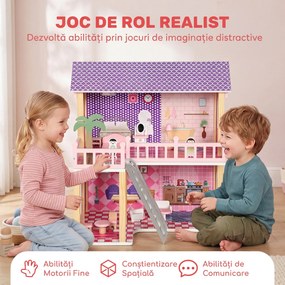 AIYAPLAY Căsuță din lemn pentru păpuși, pentru copii, 2 niveluri, 11 piese de mobilier și 2 păpuși, cadou 3-6 ani, roz | Aosom Romania